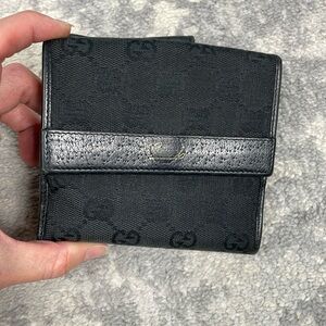 Gucci Monogram GG Canvas Leather Snap Compact Wallet Black